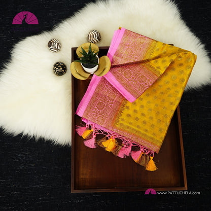 Gorgeous Banarasi Soft Silk Saree in Yellow and Pink