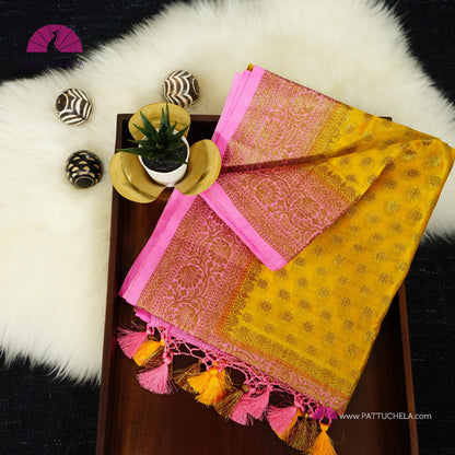 Gorgeous Banarasi Soft Silk Saree in Yellow and Pink