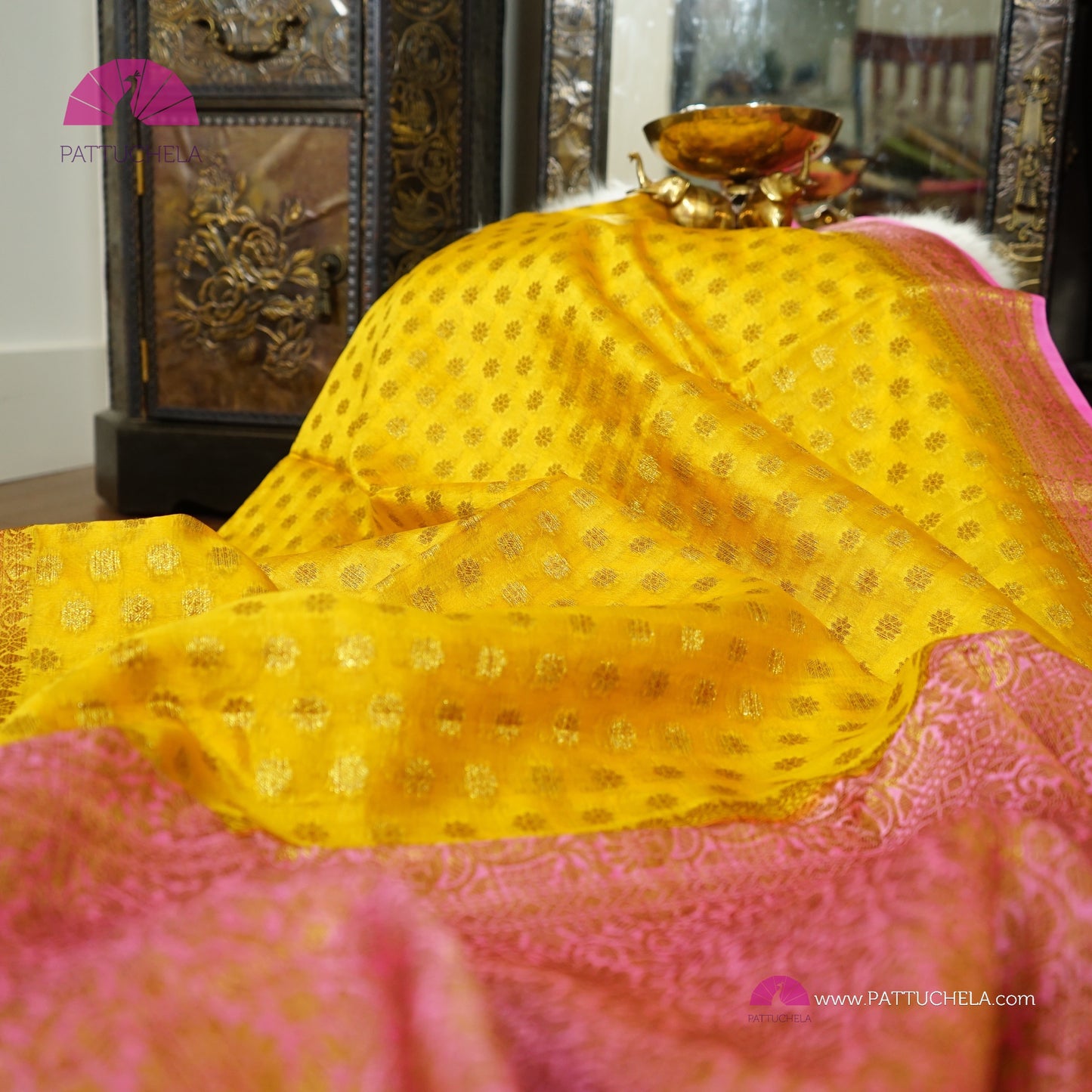 Gorgeous Banarasi Soft Silk Saree in Yellow and Pink