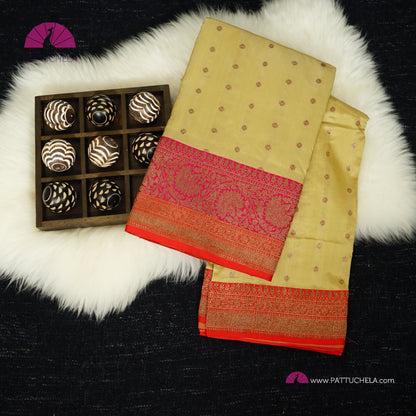 Pure Banarasi Katan handloom Silk in Beige Cream and Fuchsia Pink Orange Zari Border