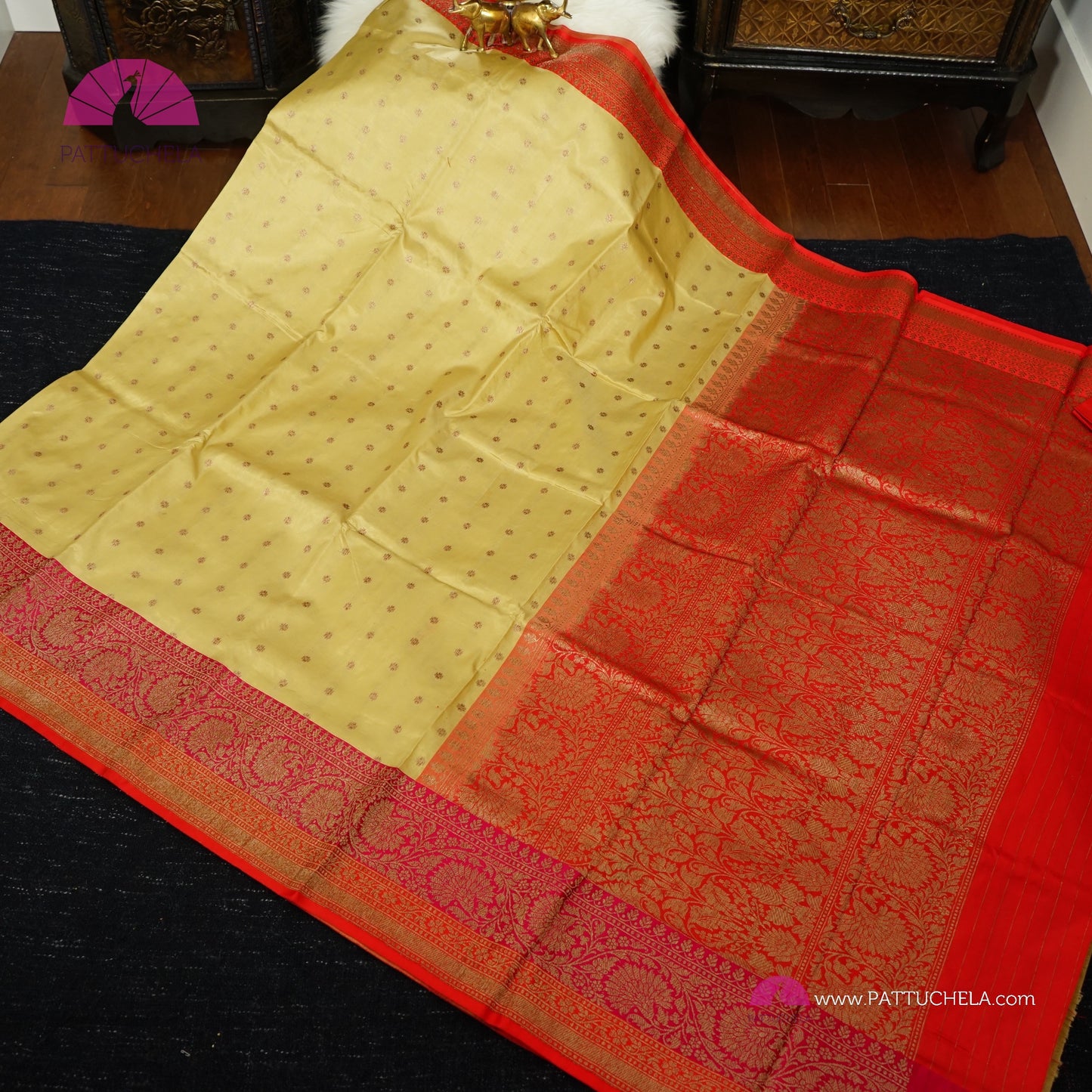 Pure Banarasi Katan handloom Silk in Beige Cream and Fuchsia Pink Orange Zari Border