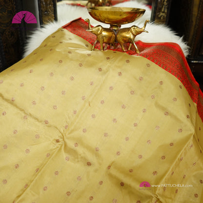 Pure Banarasi Katan handloom Silk in Beige Cream and Fuchsia Pink Orange Zari Border