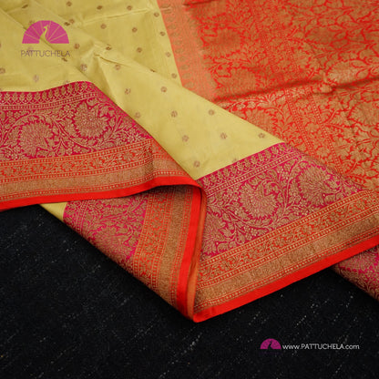 Pure Banarasi Katan handloom Silk in Beige Cream and Fuchsia Pink Orange Zari Border