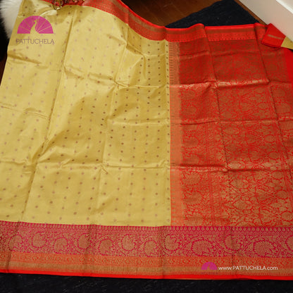 Pure Banarasi Katan handloom Silk in Beige Cream and Fuchsia Pink Orange Zari Border