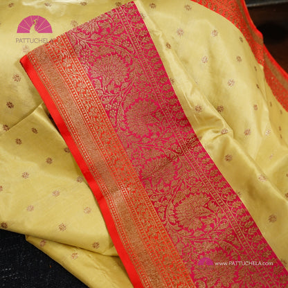 Pure Banarasi Katan handloom Silk in Beige Cream and Fuchsia Pink Orange Zari Border