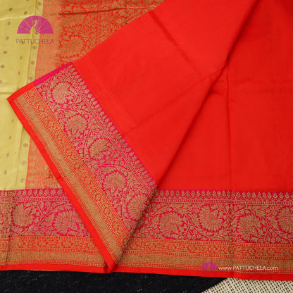 Pure Banarasi Katan handloom Silk in Beige Cream and Fuchsia Pink Orange Zari Border