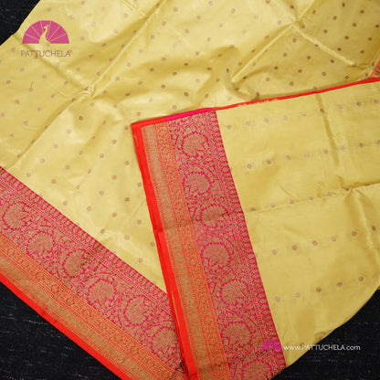 Pure Banarasi Katan handloom Silk in Beige Cream and Fuchsia Pink Orange Zari Border