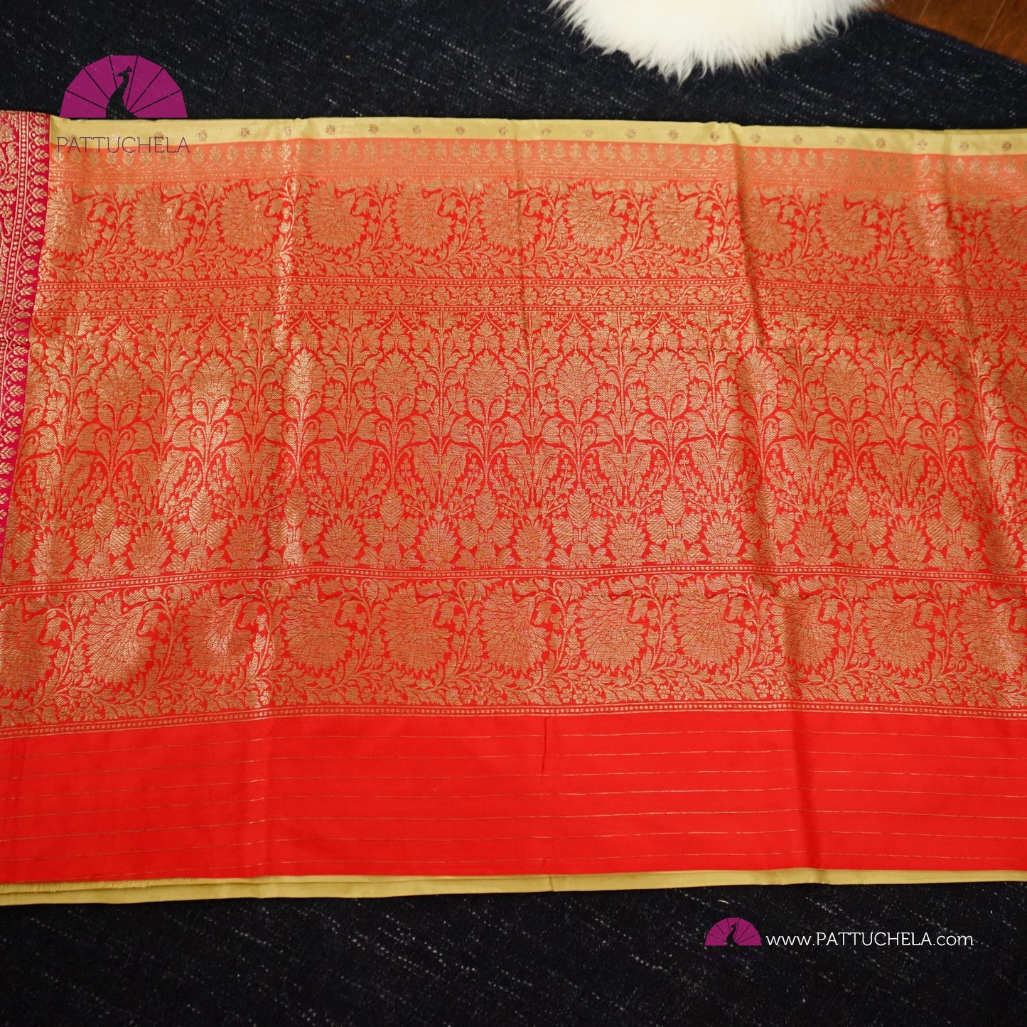 Pure Banarasi Katan handloom Silk in Beige Cream and Fuchsia Pink Orange Zari Border