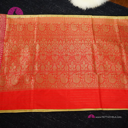 Pure Banarasi Katan handloom Silk in Beige Cream and Fuchsia Pink Orange Zari Border