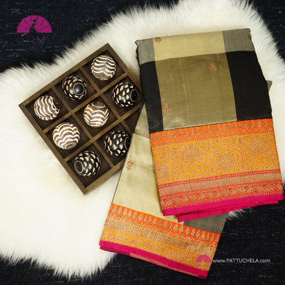 Beige and Black Checked Pure Banarasi Katan Handloom Silk Saree with multi color zari Border