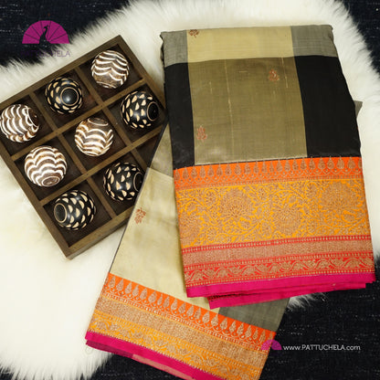 Beige and Black Checked Pure Banarasi Katan Handloom Silk Saree with multi color zari Border