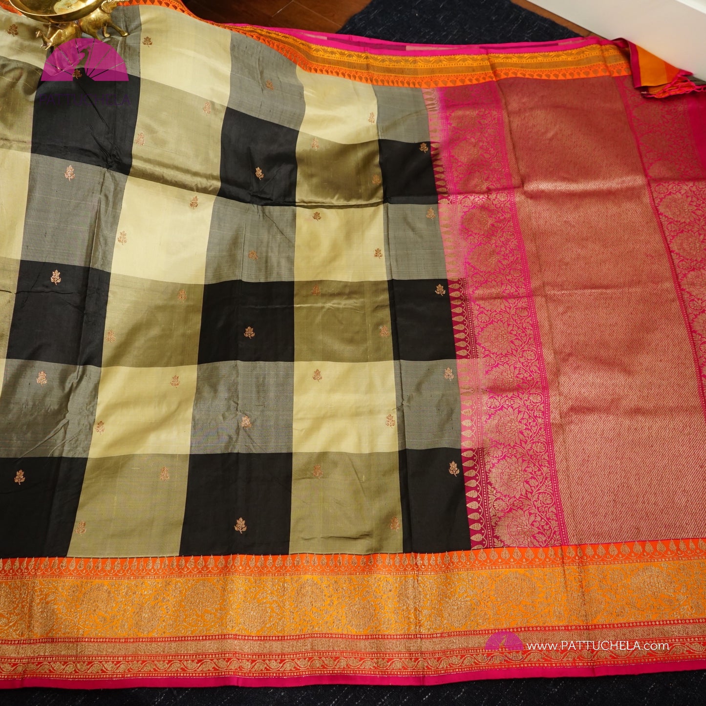 Beige and Black Checked Pure Banarasi Katan Handloom Silk Saree with multi color zari Border