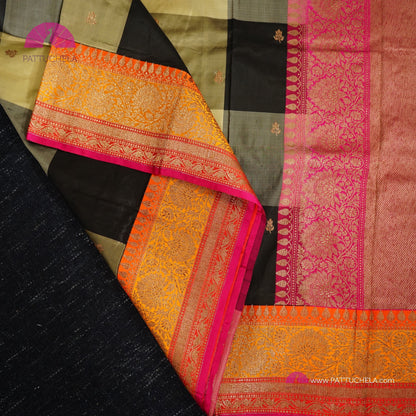 Beige and Black Checked Pure Banarasi Katan Handloom Silk Saree with multi color zari Border