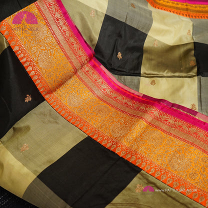 Beige and Black Checked Pure Banarasi Katan Handloom Silk Saree with multi color zari Border