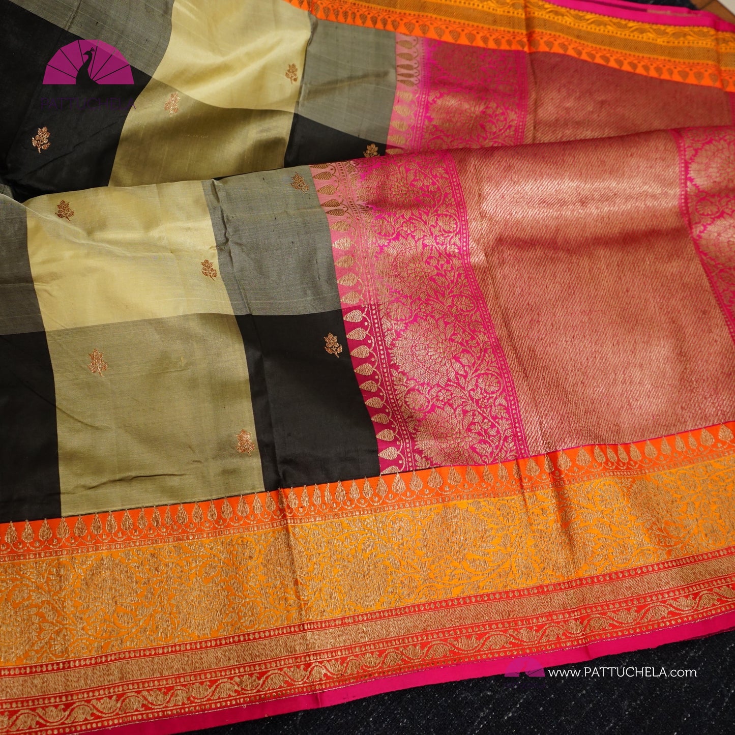 Beige and Black Checked Pure Banarasi Katan Handloom Silk Saree with multi color zari Border