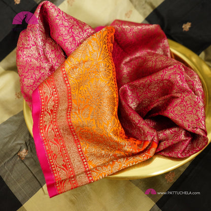 Beige and Black Checked Pure Banarasi Katan Handloom Silk Saree with multi color zari Border