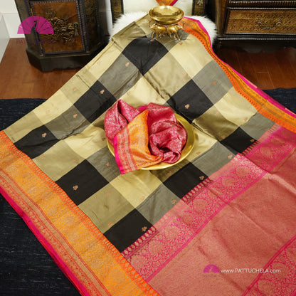 Beige and Black Checked Pure Banarasi Katan Handloom Silk Saree with multi color zari Border