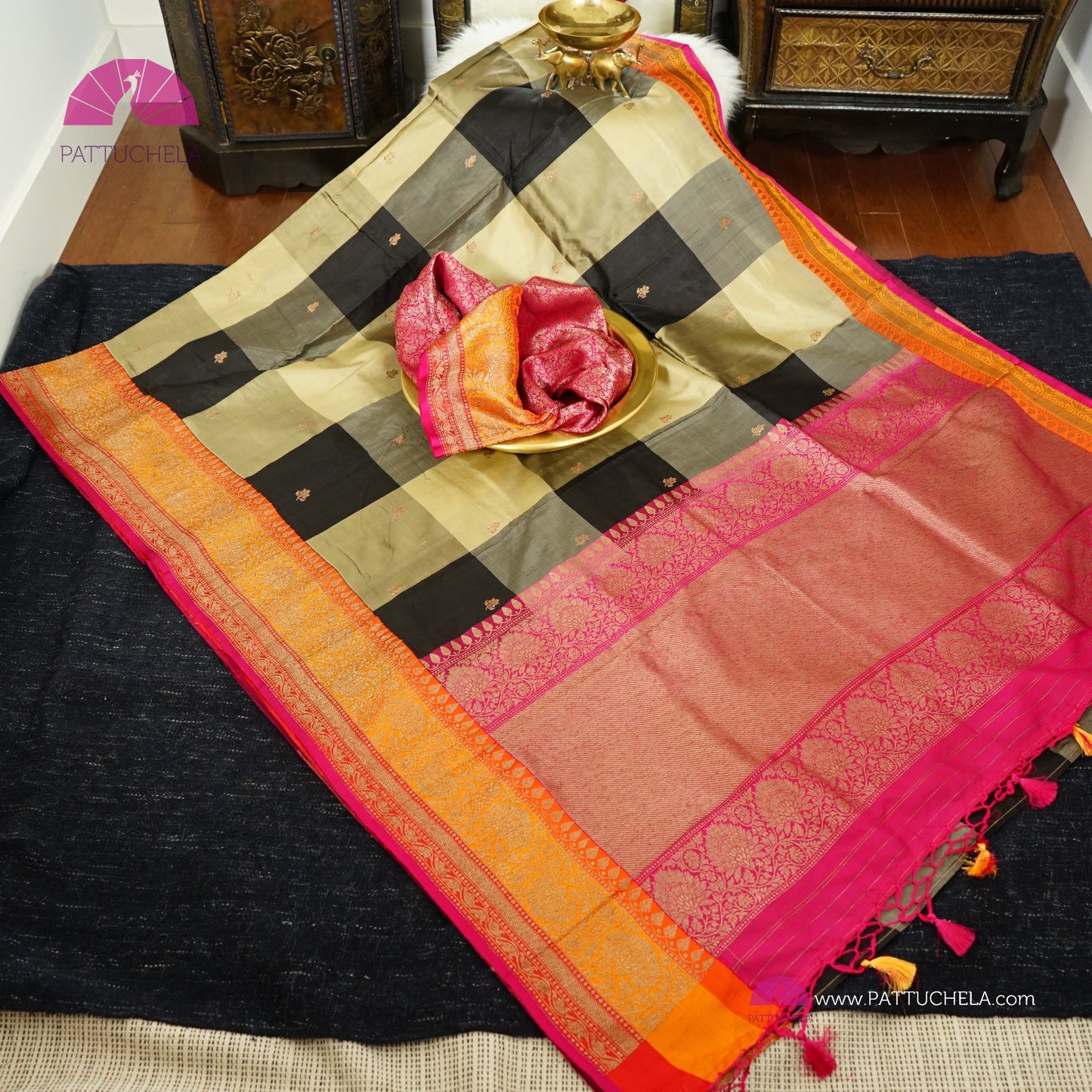 Beige and Black Checked Pure Banarasi Katan Handloom Silk Saree with multi color zari Border