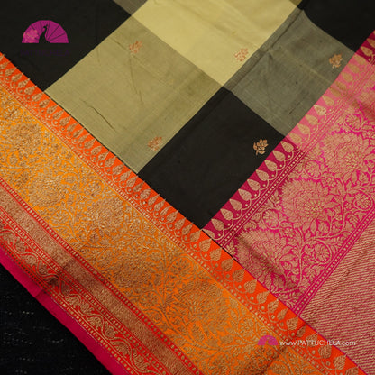 Beige and Black Checked Pure Banarasi Katan Handloom Silk Saree with multi color zari Border