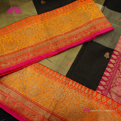 Beige and Black Checked Pure Banarasi Katan Handloom Silk Saree with multi color zari Border