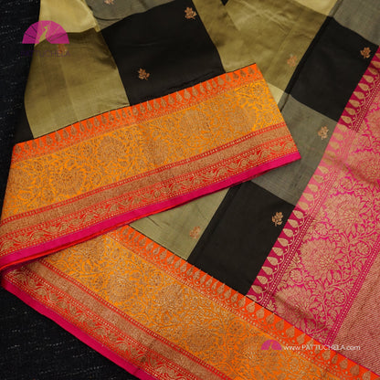 Beige and Black Checked Pure Banarasi Katan Handloom Silk Saree with multi color zari Border