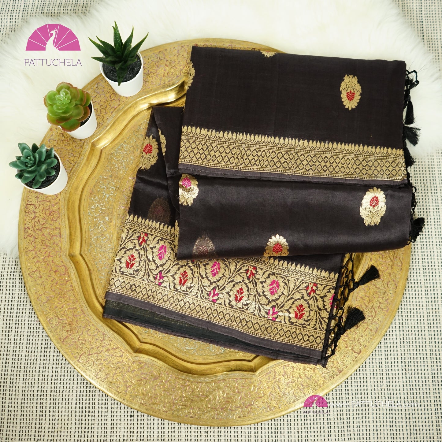 Pure Black Banarasi Kora Handloom Silk Saree with Meenakari weaves