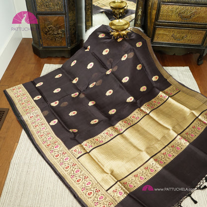 Pure Black Banarasi Kora Handloom Silk Saree with Meenakari weaves