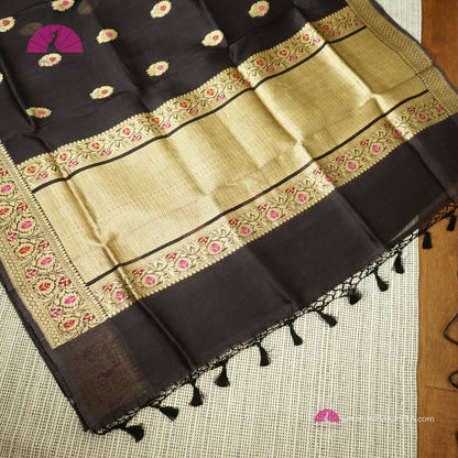 Pure Black Banarasi Kora Handloom Silk Saree with Meenakari weaves