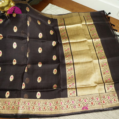 Pure Black Banarasi Kora Handloom Silk Saree with Meenakari weaves