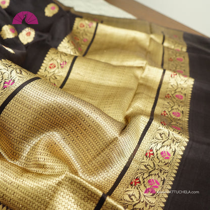 Pure Black Banarasi Kora Handloom Silk Saree with Meenakari weaves