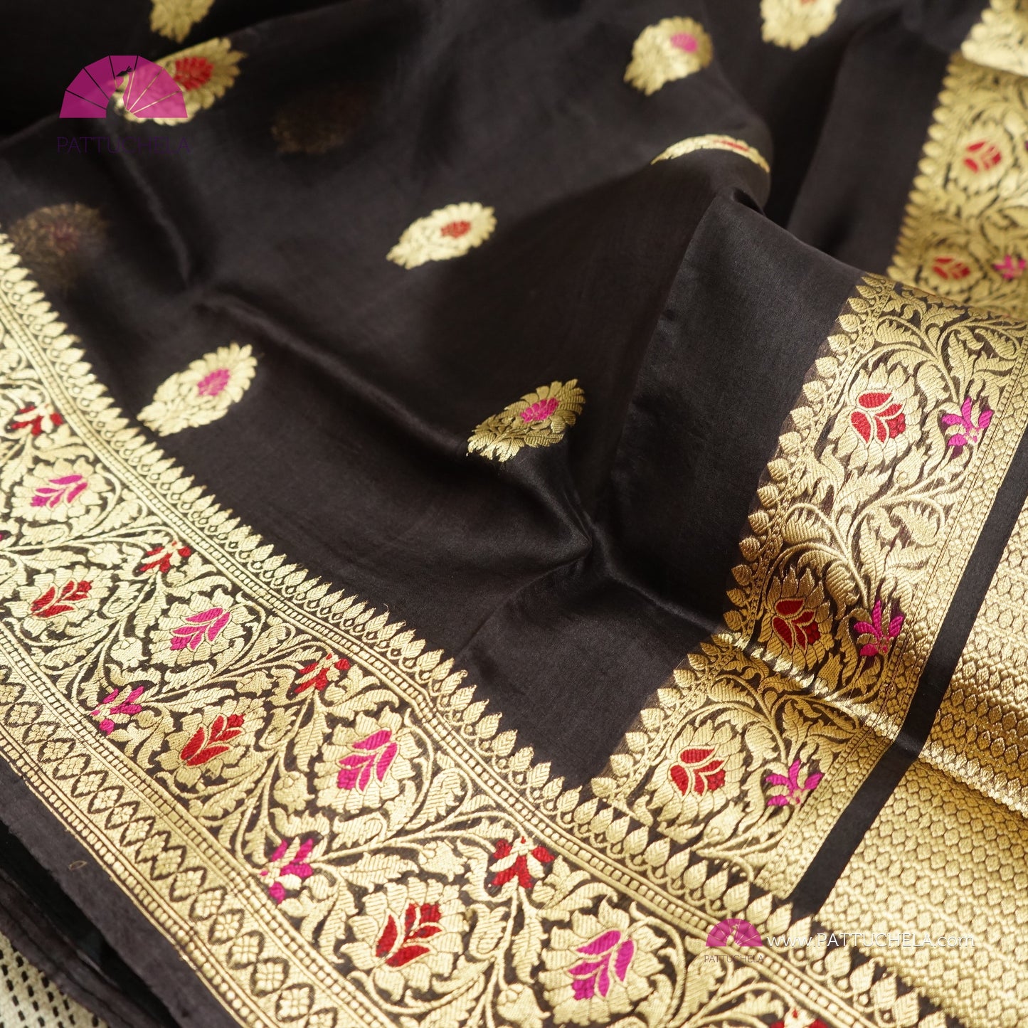 Pure Black Banarasi Kora Handloom Silk Saree with Meenakari weaves