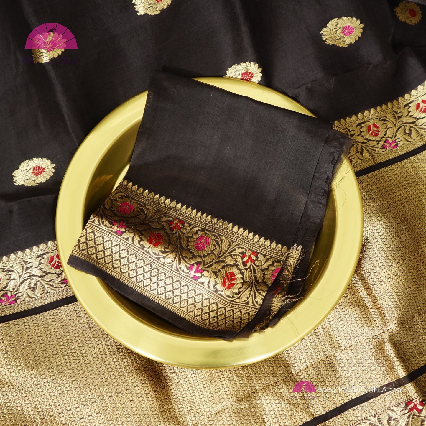 Pure Black Banarasi Kora Handloom Silk Saree with Meenakari weaves