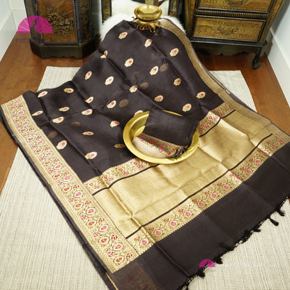 Pure Black Banarasi Kora Handloom Silk Saree with Meenakari weaves