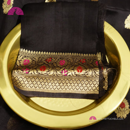 Pure Black Banarasi Kora Handloom Silk Saree with Meenakari weaves