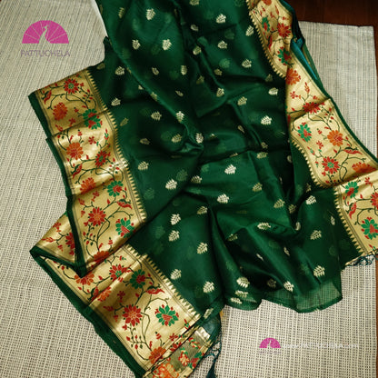 Bottle Green Banarasi  Kora Handloom Silk Saree with Floral Paithani Borders