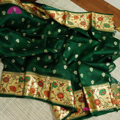 Bottle Green Banarasi  Kora Handloom Silk Saree with Floral Paithani Borders