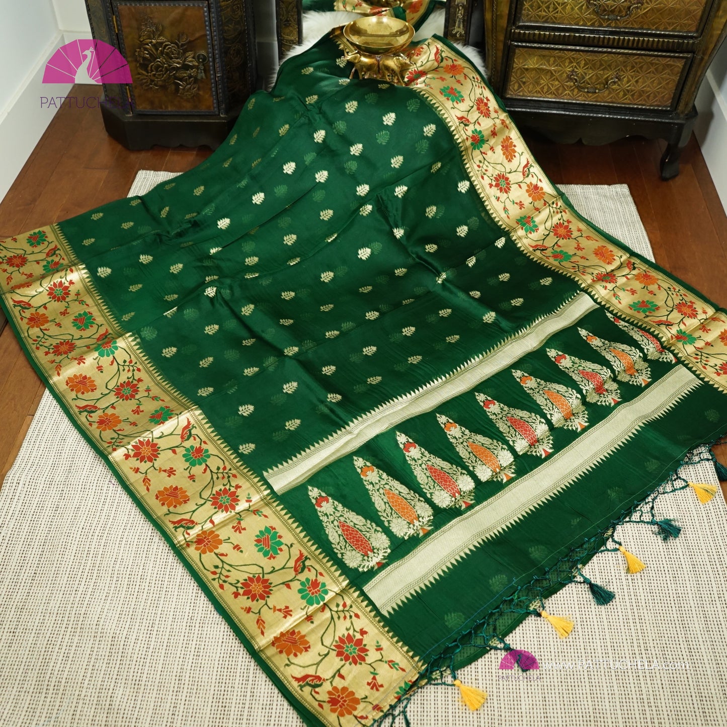 Bottle Green Banarasi  Kora Handloom Silk Saree with Floral Paithani Borders