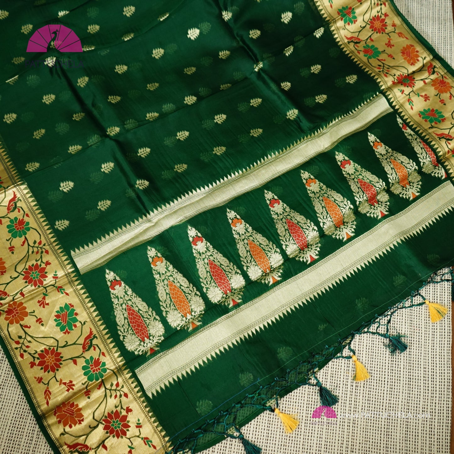 Bottle Green Banarasi  Kora Handloom Silk Saree with Floral Paithani Borders