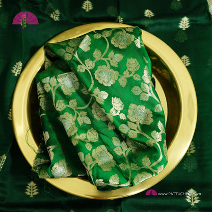 Bottle Green Banarasi  Kora Handloom Silk Saree with Floral Paithani Borders