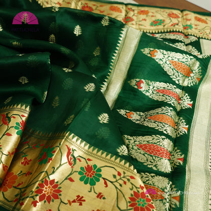 Bottle Green Banarasi  Kora Handloom Silk Saree with Floral Paithani Borders