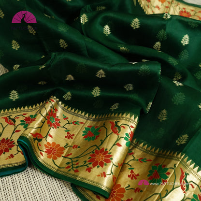 Bottle Green Banarasi  Kora Handloom Silk Saree with Floral Paithani Borders