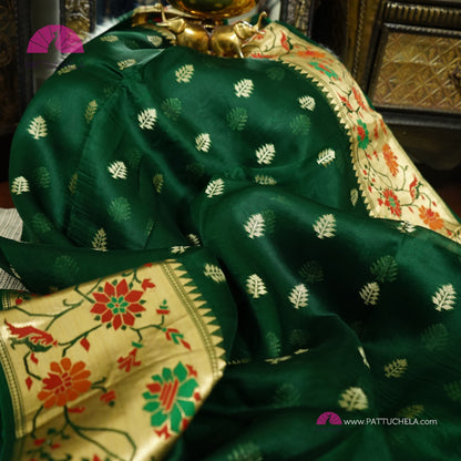 Bottle Green Banarasi  Kora Handloom Silk Saree with Floral Paithani Borders