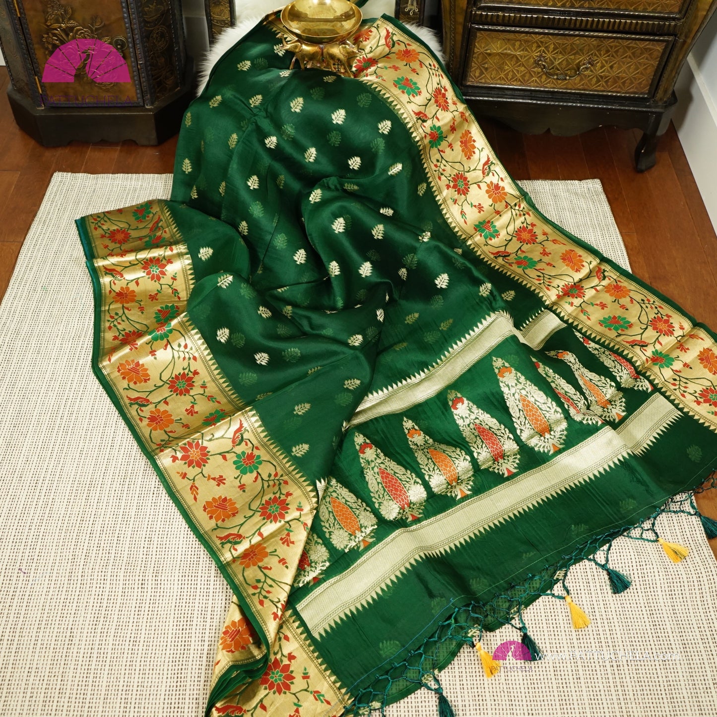 Bottle Green Banarasi  Kora Handloom Silk Saree with Floral Paithani Borders