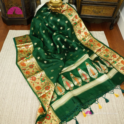 Bottle Green Banarasi  Kora Handloom Silk Saree with Floral Paithani Borders