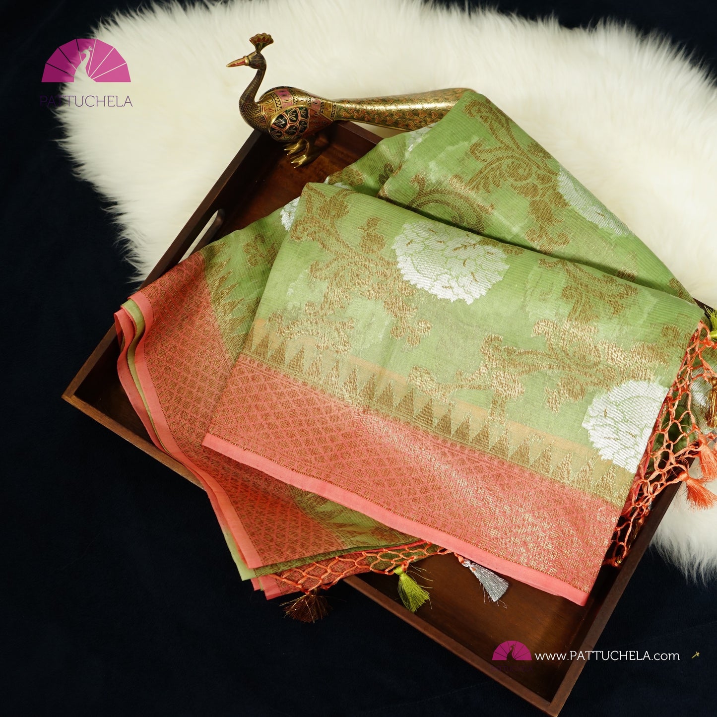 Pistachio Green and Peach Banarasi Handwoven Soft Kora Silk Saree with Jaal weaves