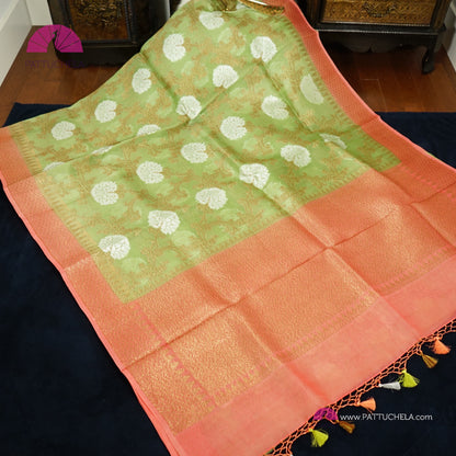 Pistachio Green and Peach Banarasi Handwoven Soft Kora Silk Saree with Jaal weaves