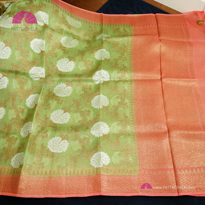 Pistachio Green and Peach Banarasi Handwoven Soft Kora Silk Saree with Jaal weaves