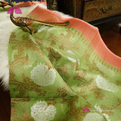 Pistachio Green and Peach Banarasi Handwoven Soft Kora Silk Saree with Jaal weaves