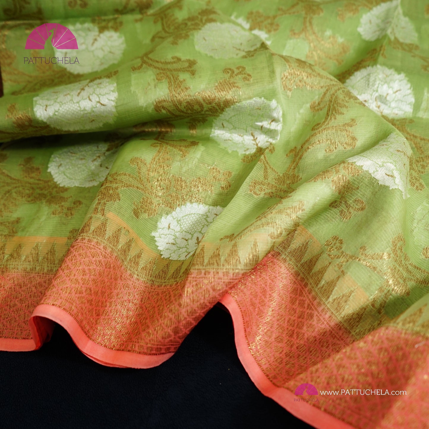 Pistachio Green and Peach Banarasi Handwoven Soft Kora Silk Saree with Jaal weaves