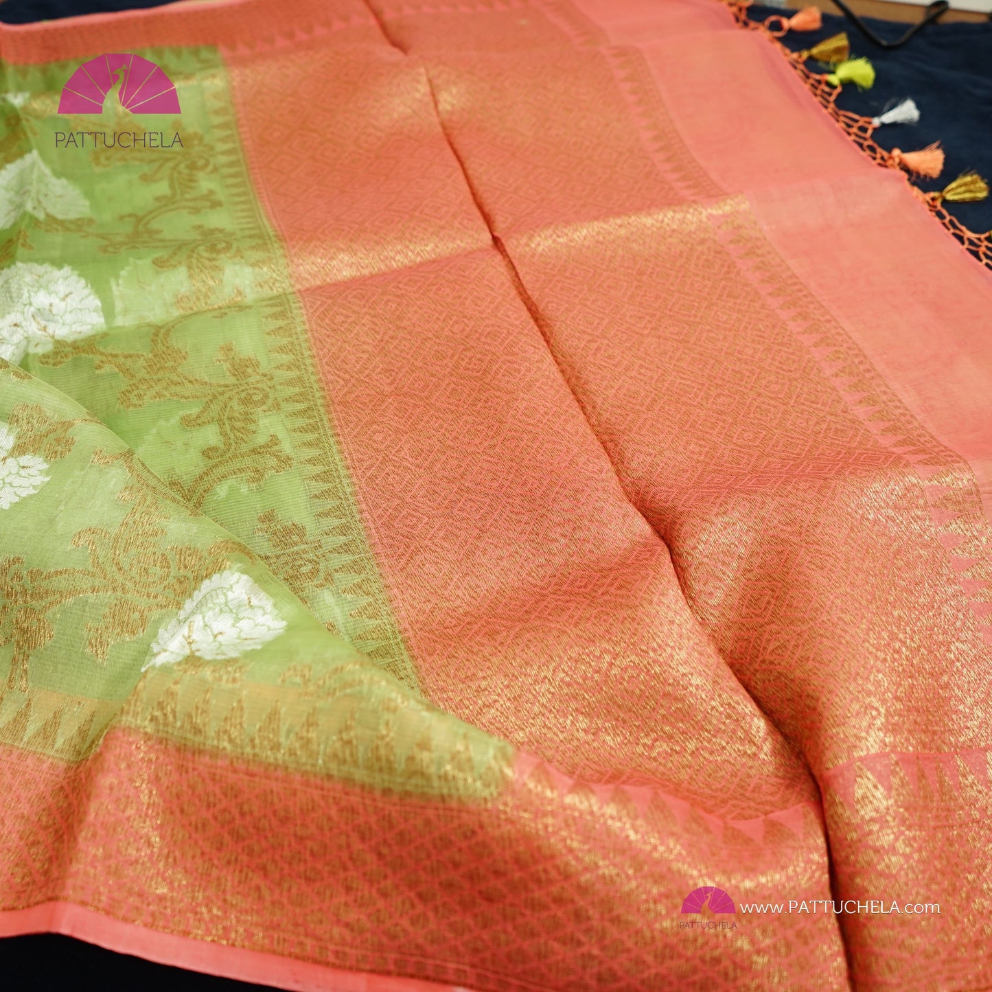 Pistachio Green and Peach Banarasi Handwoven Soft Kora Silk Saree with Jaal weaves